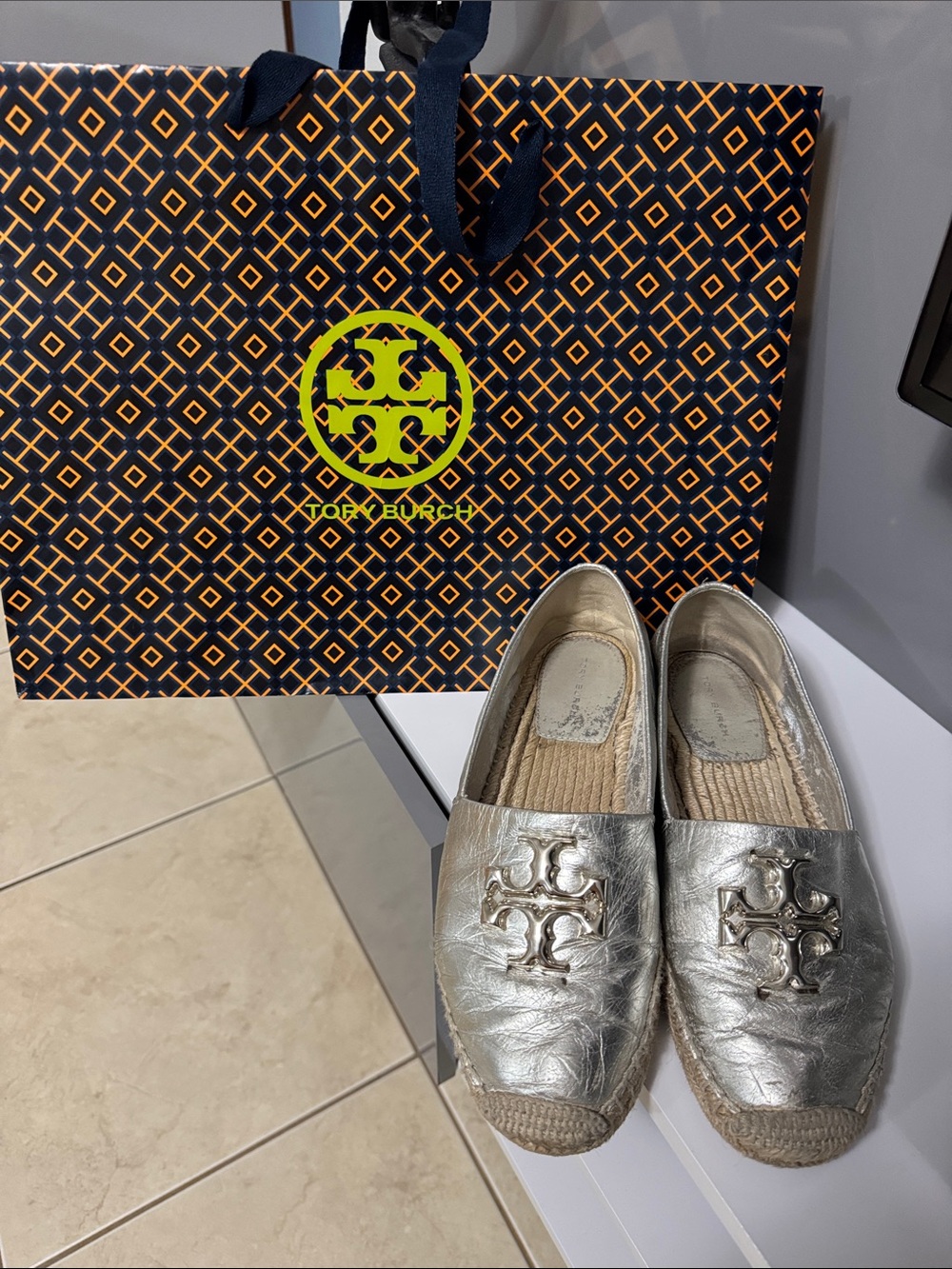 Tory Burch Metallic Silver Espadrille Flats with Logo